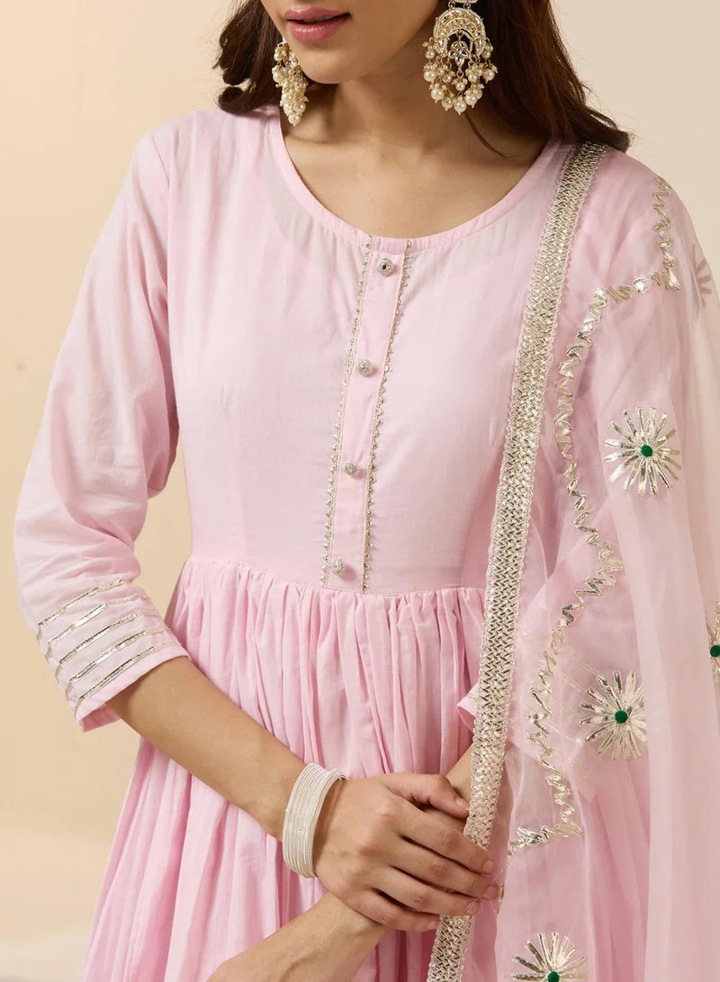 آي شين Women's Pink 100% Cotton Embroidered Tunic Full Length Palazzo Straight Fit Kurta Set